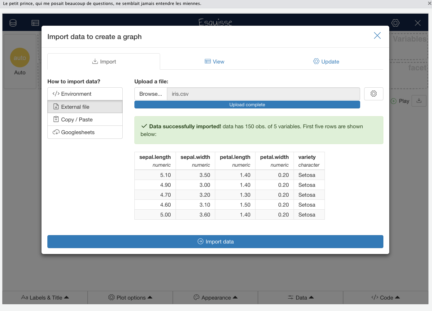 Importing a CSV file with R Esquisse